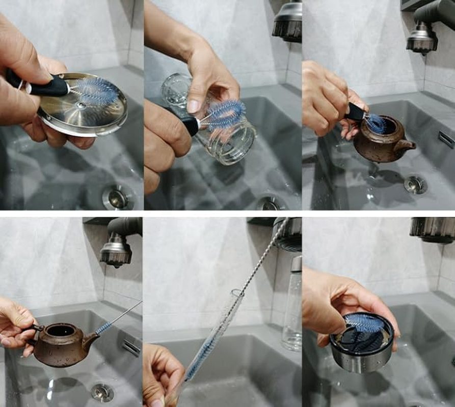 Water Bottle Brush: 3-Piece Set with Bottle Brush, Straw Brush, Lid Brush. Stainless Steel Handle, 15-Inch Long, Ideal for Cups, Wine Glasses, Mugs&mdash;Practical Kitchen Cleaning Tools, Black. image number 2