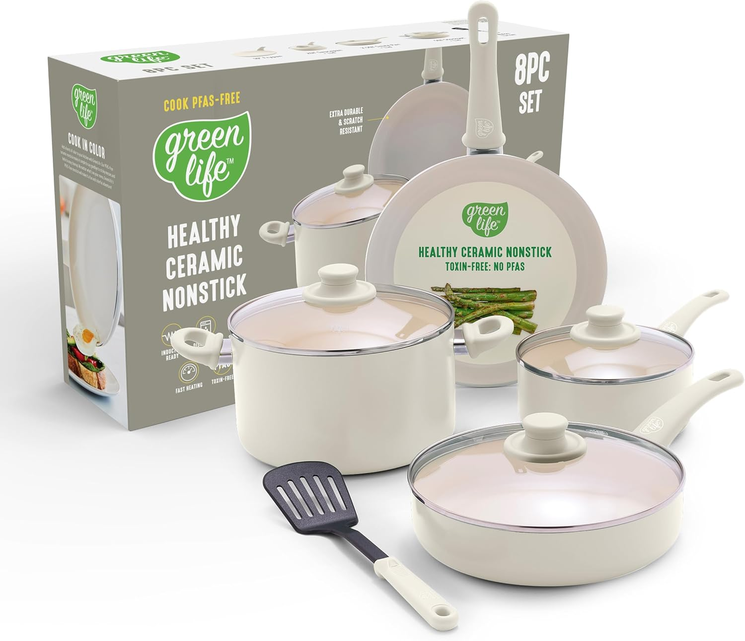 Greenlife Soft Grip Healthy Ceramic Nonstick 16 Piece Kitchen Cookware Pots and Frying Sauce Pans Set, Pfas-Free, Dishwasher Safe, Taupe
