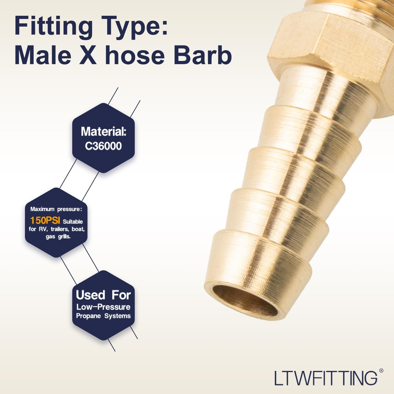 LTWFITTING Brass 1/8-Inch Male BSPT X 8Mm Hose Barb Coupler Adapter Fitting for Vehicle Fuel System, HVAC System (Pack of 5) image number 2