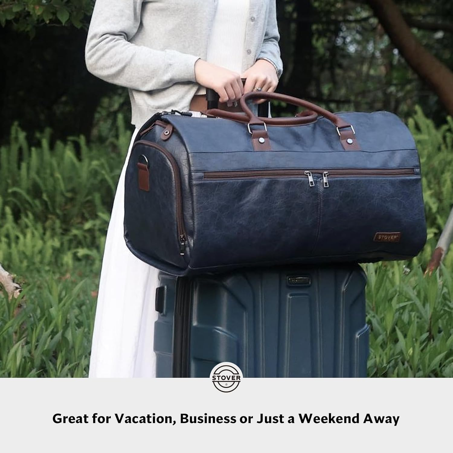STOVER Garment Travel Duffle Bag, Large 2-In-1 Convertible Carry-On Luggage for Men & Women- Hanging Suits, Dresses & Clothes + Shoe Compartment- Weekender Tote Combo Duffel, Blue