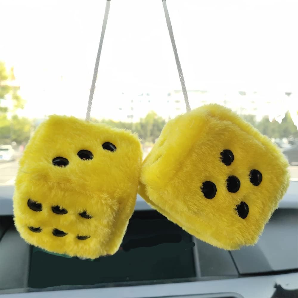 Fuzzy Plush Dice for Car Mirror, Pair of Retro 3&rdquo; Red Dice with Black Dots for Car Interior Hanging Ornament Decoration