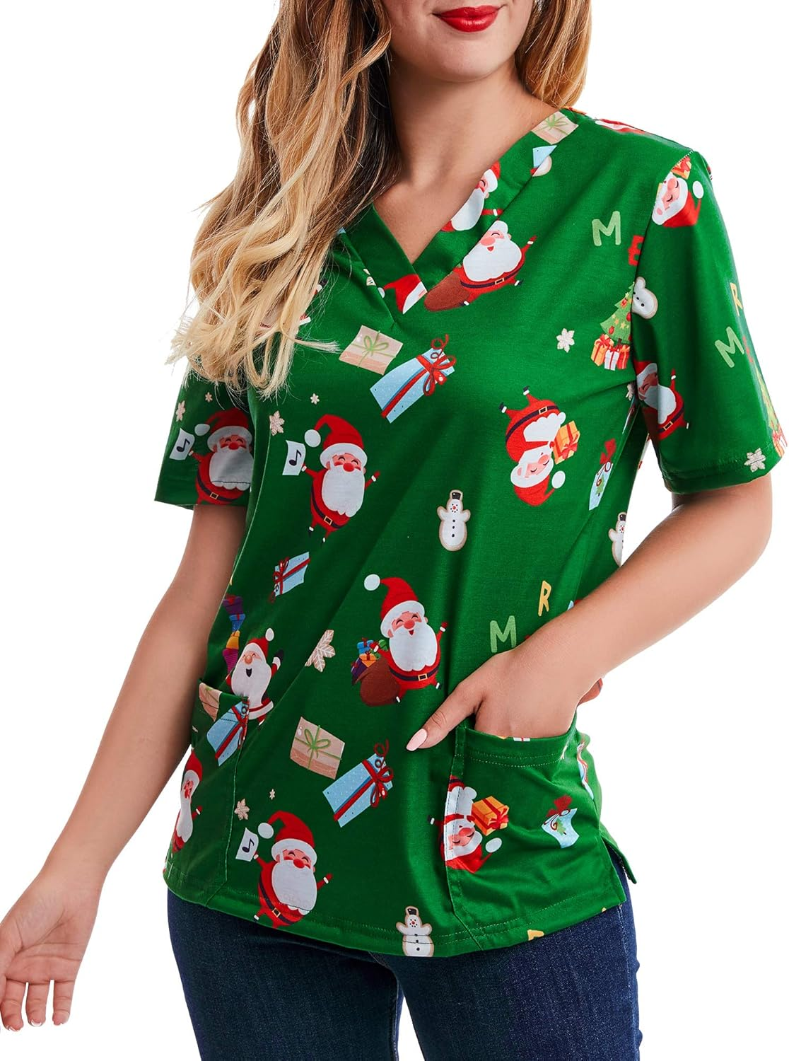 SATINIOR Women Mock Wrap Top Holiday Christmas Print Neck Shirt, Christmas Green image number 6
