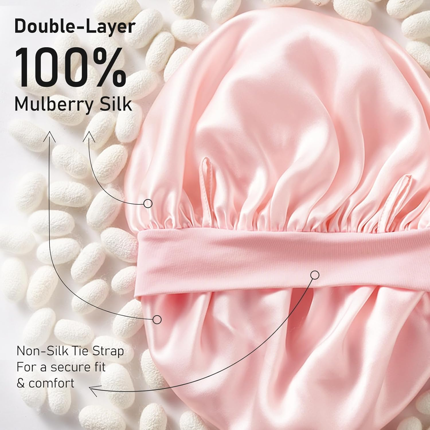 Litbear 100% Mulberry Silk Bonnet for Sleeping Women, 6A 22 Momme, Large Double-Layer Hair Wrap with Tie Band, Non-Slip Turban, Includes Silk Scrunchie