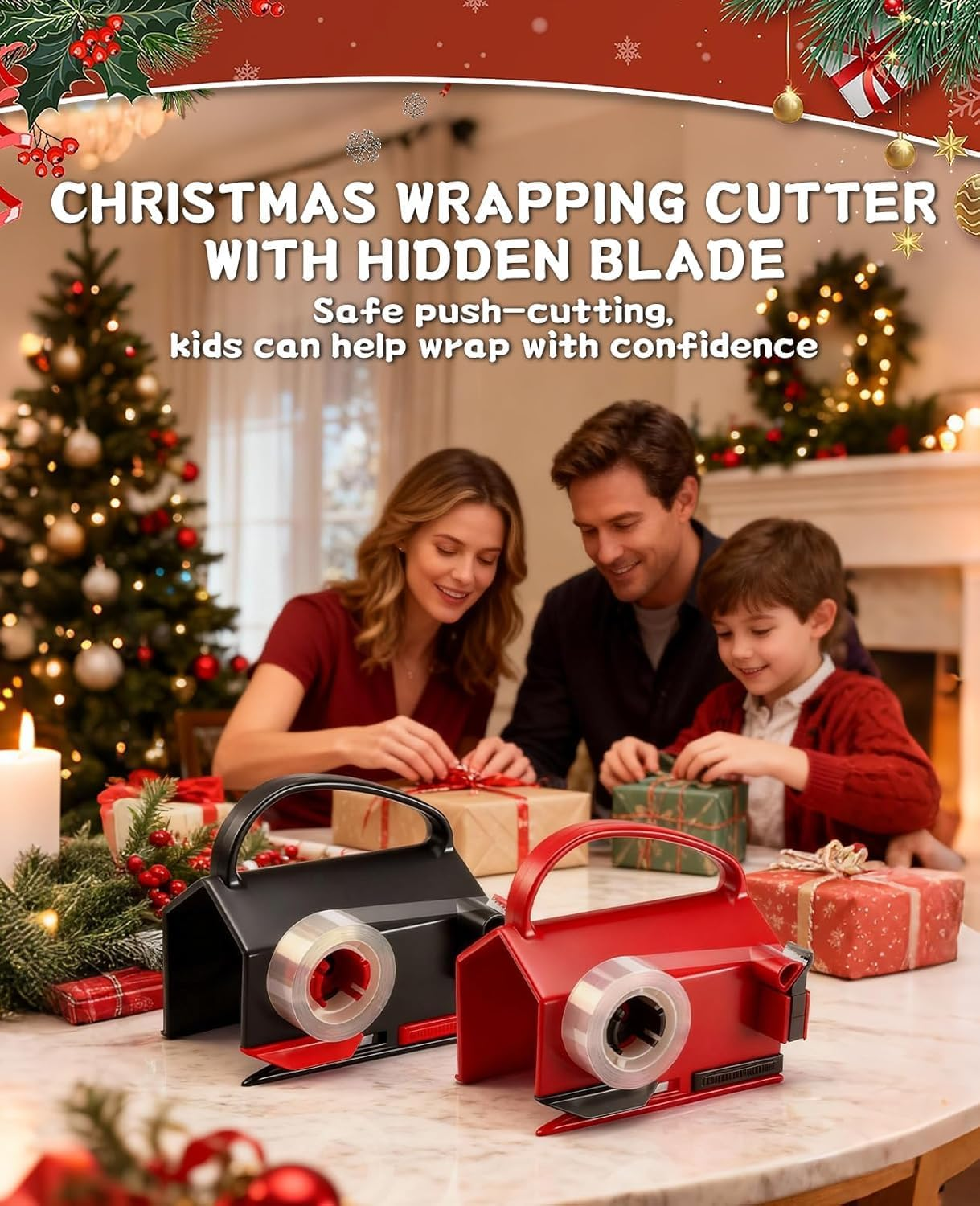 2-Pack Wrapping Paper Cutter & Tape Dispenser with 4 Tape Rolls, 2 Replacement Blades -Dual-Function Gift Wrap Tool for Christmas, Birthday, Holiday Crafting and Office Use image number 4