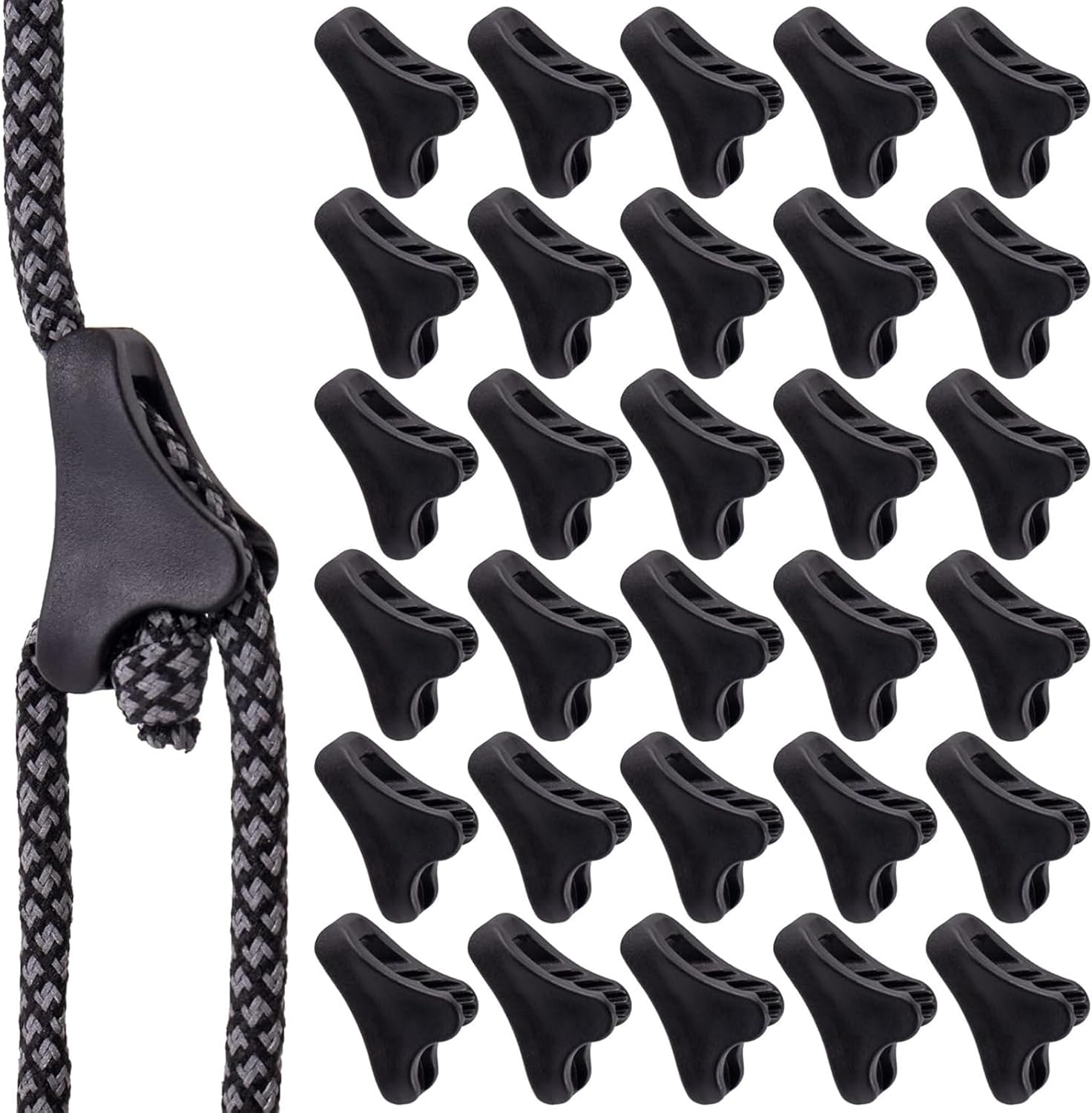 MILIOG 30Pack Ultralight Guyline Tensioners Tent Guyline Cord Rope Adjuster for Tents & Tarps | Heavy Duty 50Lb Cord Locks for Camping, Hammocks in Extreme Weather(Black,Fit 1-2.5Mm Paracord) image number 3