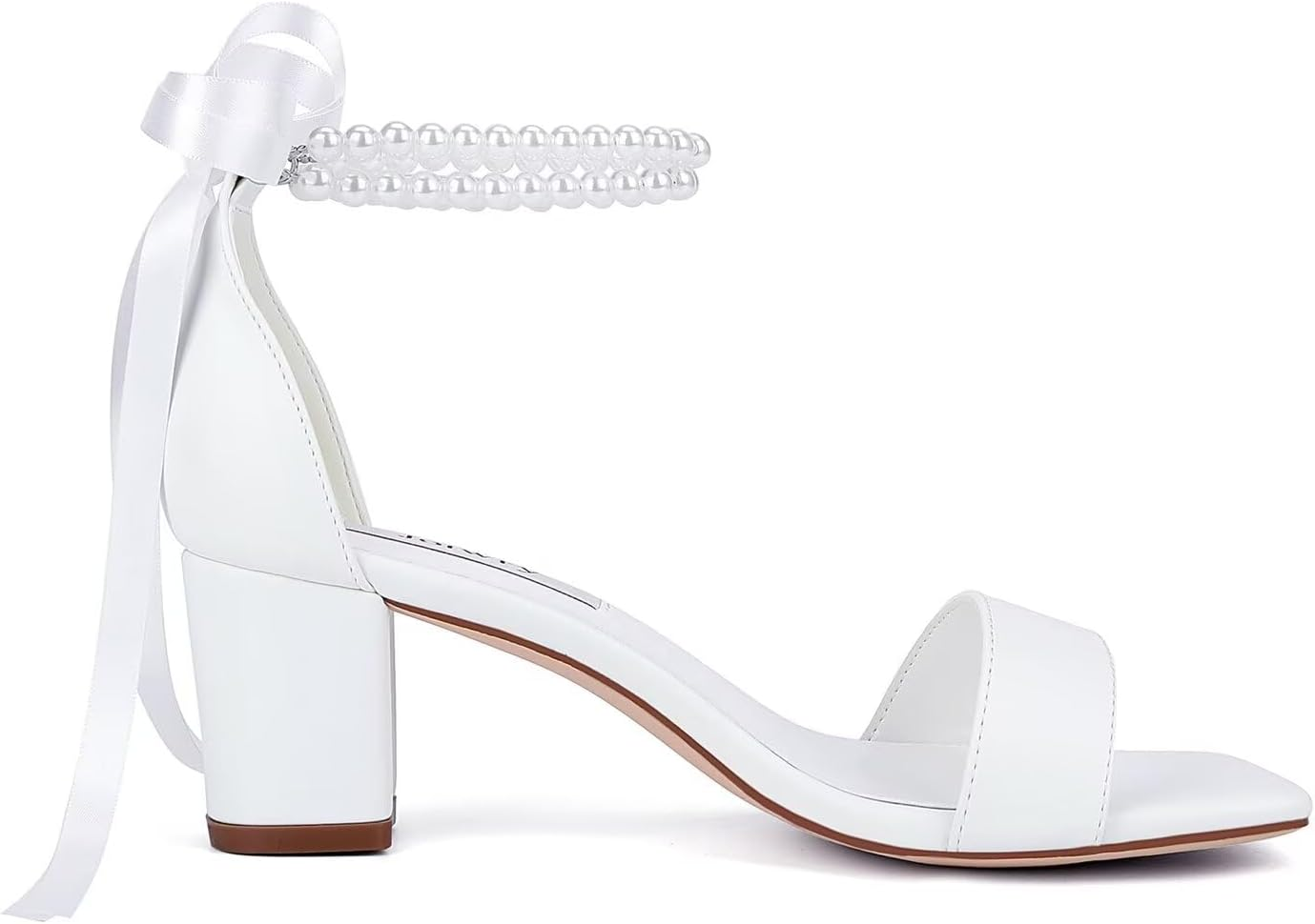 Jotwry Block Heel Wedding Shoes for Bride Pearl Heels Wedding Sandals Square Open Toe Bridal Shoes image number 4