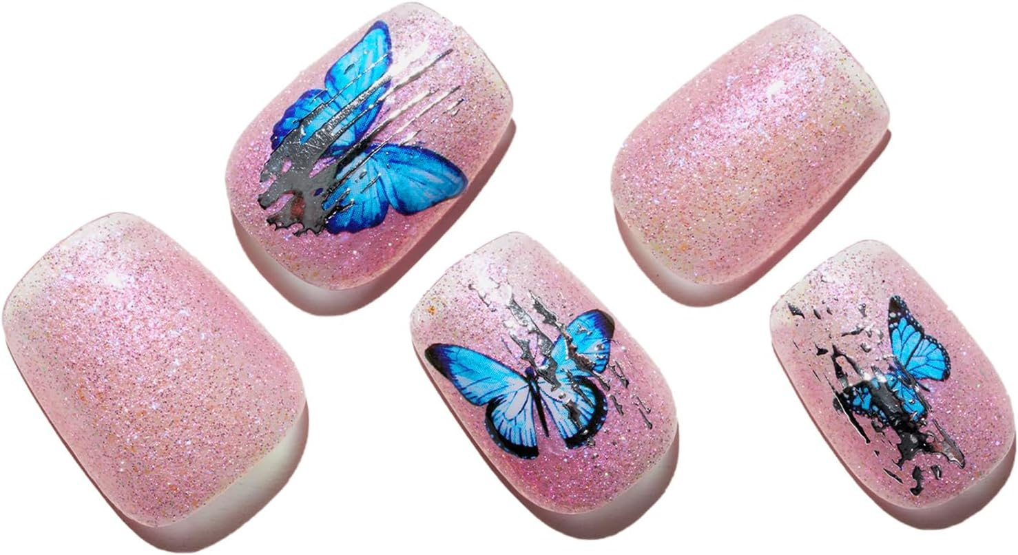 Press on Nails Short Squoval, GLAMERMAID Blue Fake Nails Short Handmade by Gel False Nails, 24Pcs Square Glue on Nails with Glossy Design, Reusable Natural False Nails Manicure Kit for Women Gifts