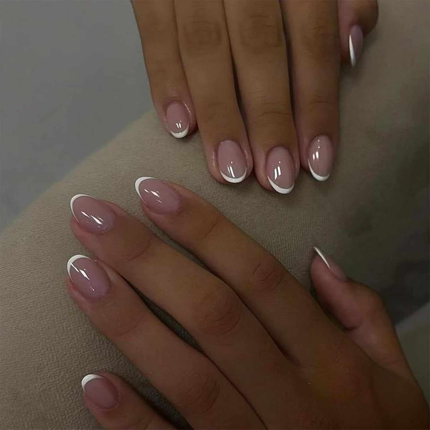 KAVI' S 24 Pcs Almond Stick on Nails, Glitter Pink Press on Nails Short Length, Stiletto Acrylic White Tip Fake Nails with Jelly Adhesive Tabs for Women Girls Nails Art image number 2