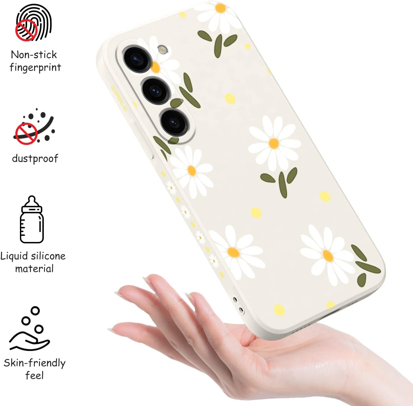 LEECG for Samsung Galaxy S23 Case, Butterfly Flowers anti Slip Shockproof Soft Silicone Protector Phone Cover for Galaxy S23, Daisy Rice White image number 4
