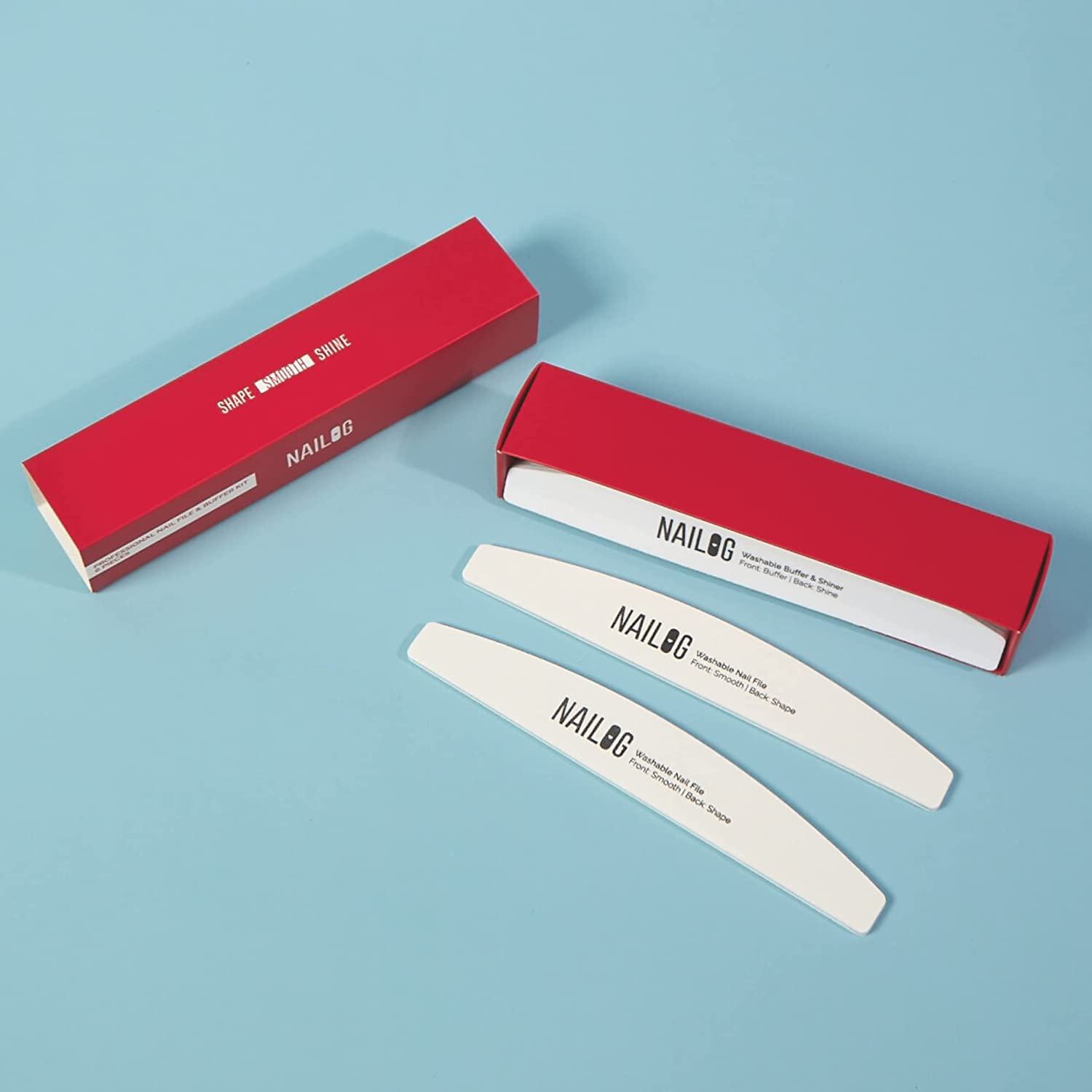 Nailog Nail File & Buffer Kit (6 Pieces) | Premium Quality & Washable | 3 Double-Sided Nail Filer (180/320) for Natural Nails and Acrylic Nails & 3 Nail Buffer & Shiner (400/4000)&hellip;