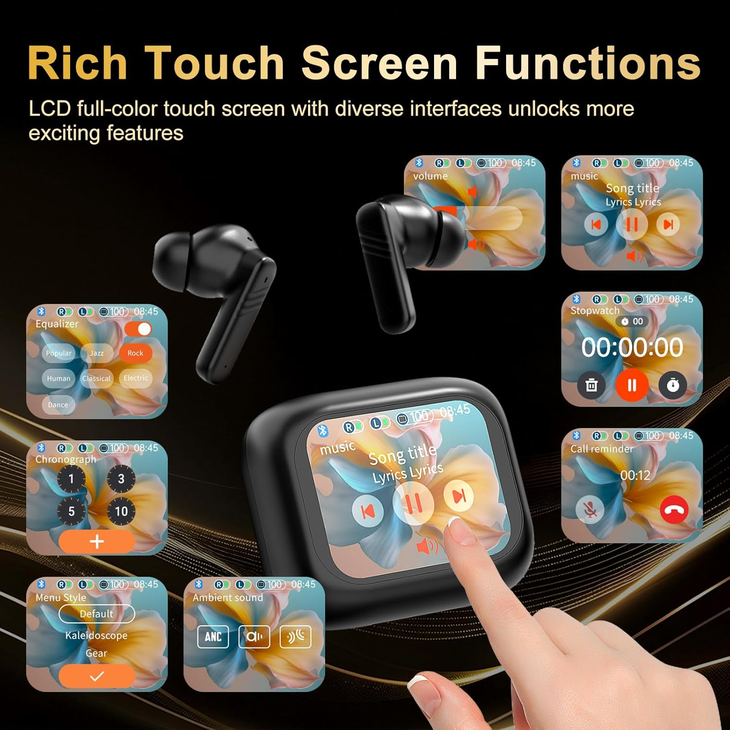 Vabaso Wireless Earbuds with Smart Touch Screen, in Ear Headphones with 10Mm Drivers for Big Bass, 24H Playtime Hi-Fi Stereo Sound, ANC/ENC ​Noise Cancelling,Ipx5,Earphones for Iphone Android Sports​ image number 6