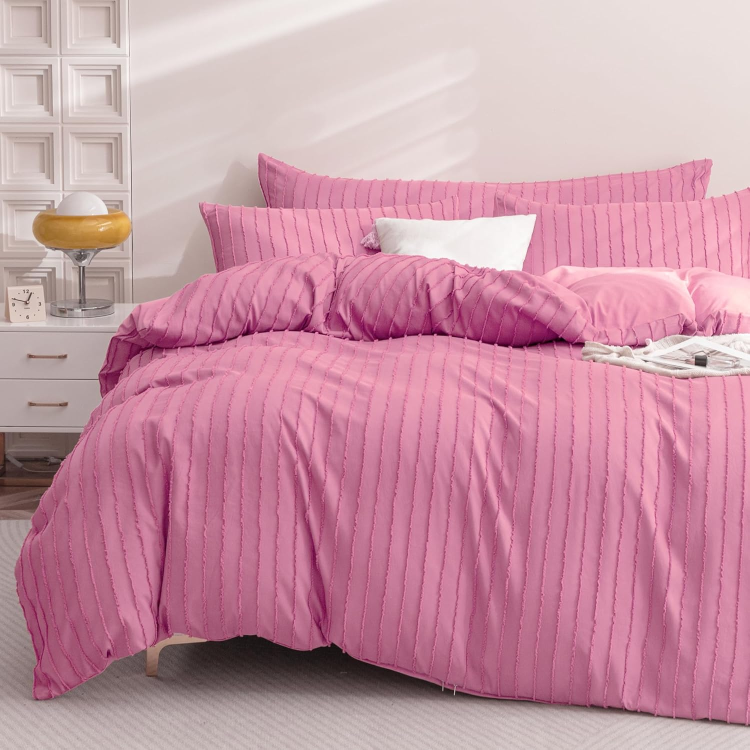JELLYMONI Barbie Pink Duvet Cover Queen Size - 3PCS Microfiber Tufted Duvet Cover Set, Boho Striped Tufted Textured Duvet Cover with Corner Ties & Zipper Closure image number 2
