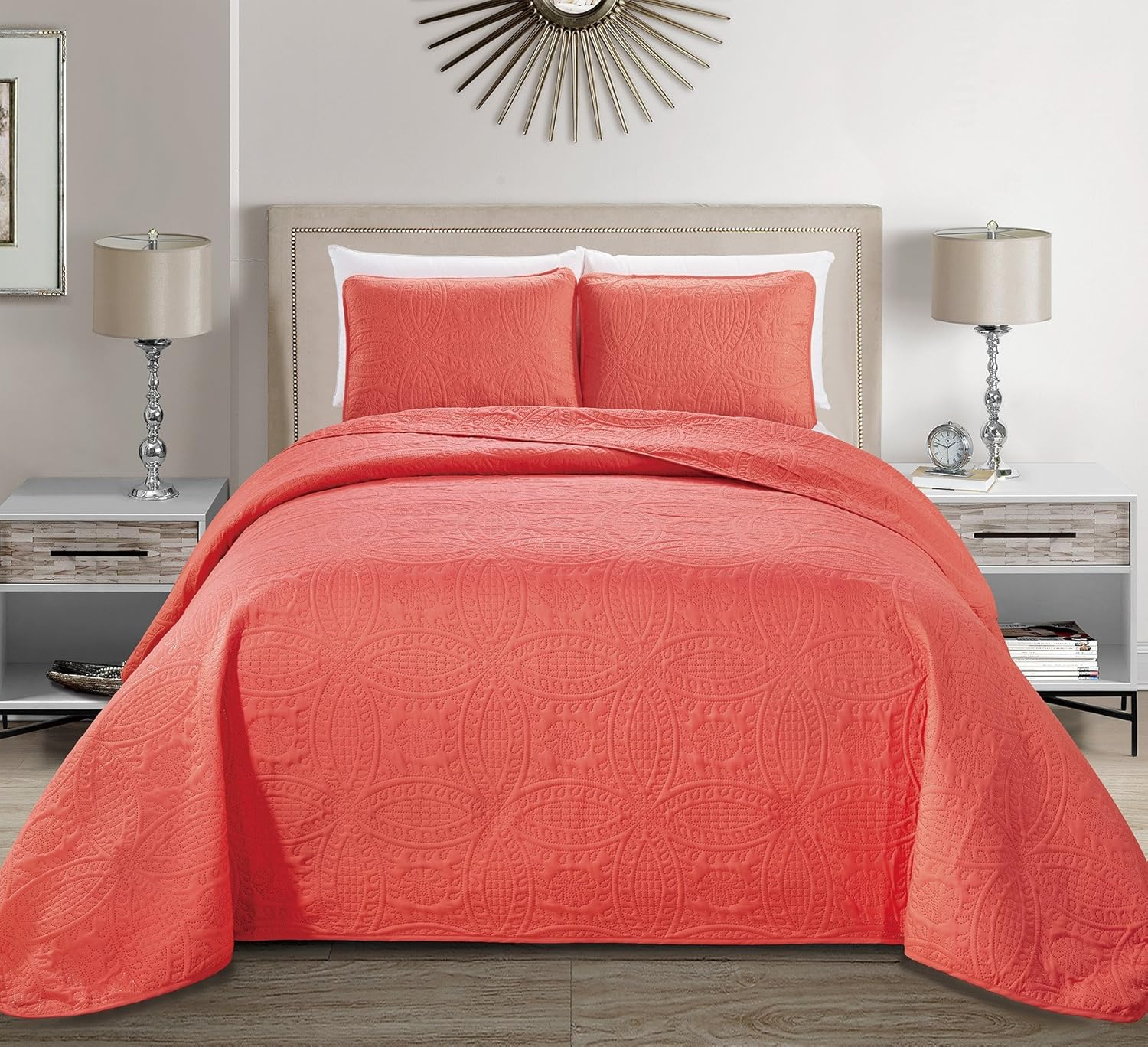 MK Home Mk Collection Solid Embossed Bedspread Bed Cover over Size (Coral, King/California King)