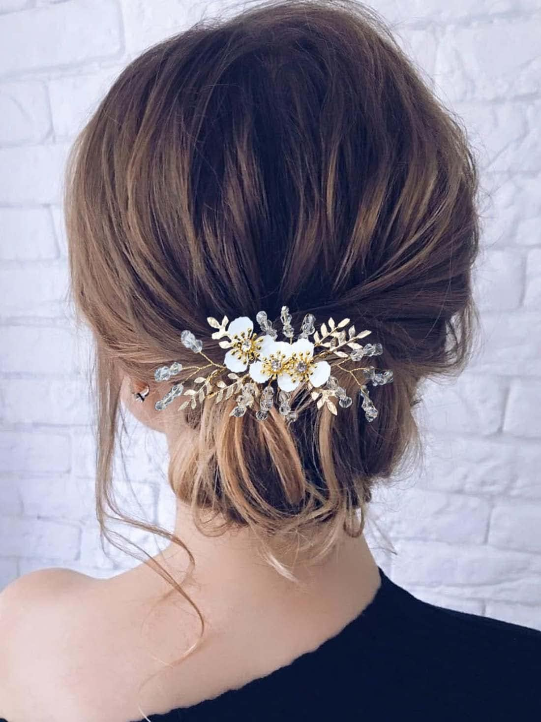 SINLOV Hair Comb for Bridal Flower Wedding Pearl Rhinestone Bridal Bridesmaid Side Combs Wedding Hair Accessories for Women (Gold) image number 4