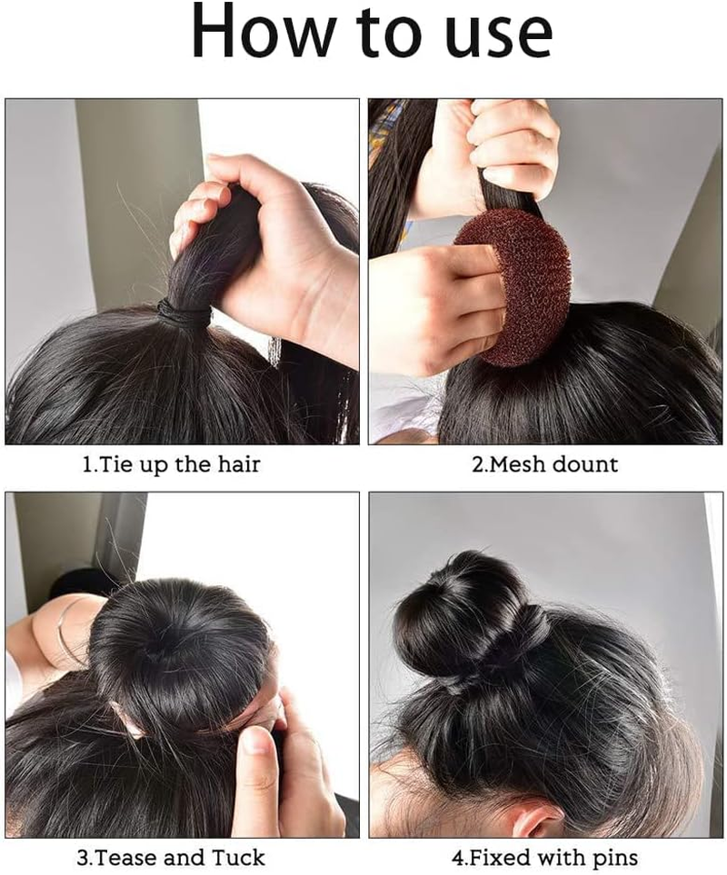 4-Piece Doughnut Hair Bun Maker Set with 2 Elastic Hair Bands, 30 U-Shaped Hair Clip, Hair Pin, Bun Cushion, Bun Maker for Children, Girls, Women (Brown 2) image number 6