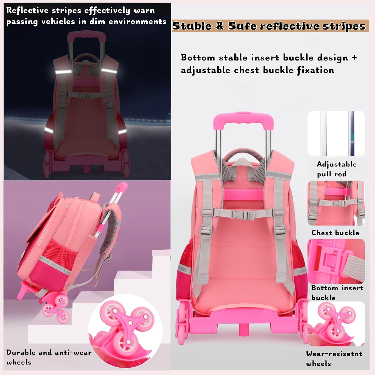 GRUOTEIS Cat Face Rolling Backpack for Girls Cute School Bag Backpack with Wheels image number 2