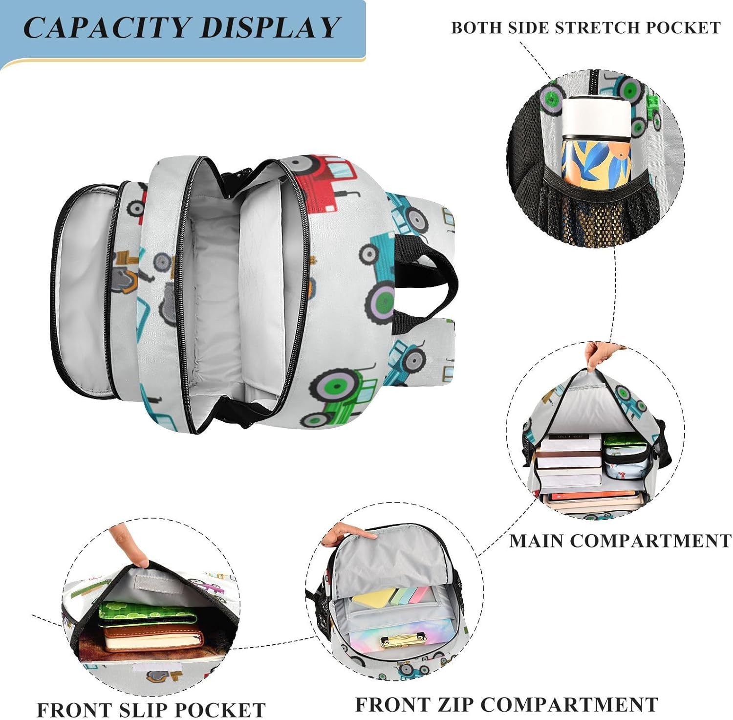 RPLIFE Colorful Tractors Gray Kid Bookbag 17 Inch Backpack for Elementary School, Colorful Tractors Gray, One Size, Traditional Backpacks image number 3