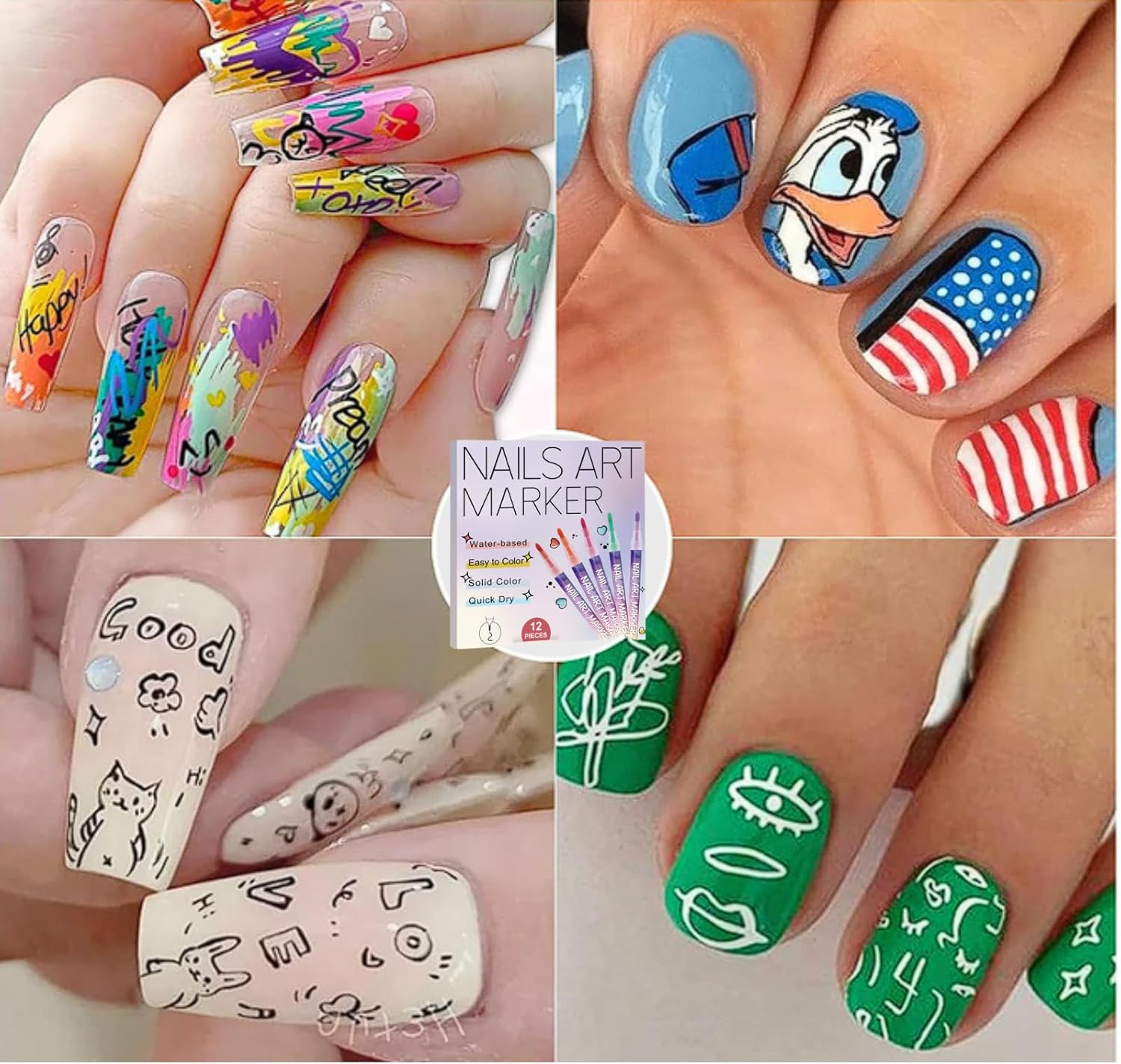 12 Colors Nail Art Pens Set, 3D Acrylic Nail Polish Pens with 0.5Mm Fine Tip, Quick-Dry Waterproof Nail Marker for Drawing, Painting & Dotting, Nail Design Kit for Home Salon DIY Manicure Decoration