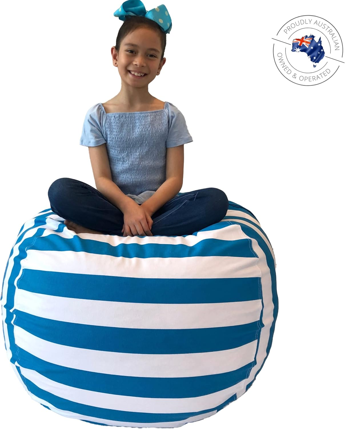 Kids Bean Bag Cover, Soft Toy Storage, Stuffed Animal Storage, Extra Large Bean Bag Chair - Fill W/ 200L to 300L Bean Bag Filling, Stuffed Toy Storage Organiser (Round Blue & White) - Round Blue And White Stripes image number 3