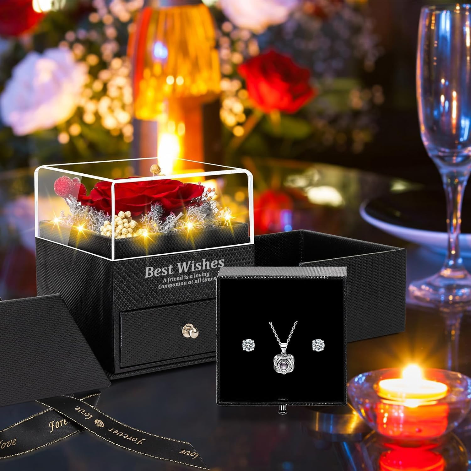 Preserved Red Real Rose with Heart I Love You Necklace & Earrings, Eternal Flower Rose Birthday Gifts for Women Her Mom Wife Girlfriend Grandma on Valentines Mothers Day Christmas Anniversary Romantic - Red Without Light image number 5