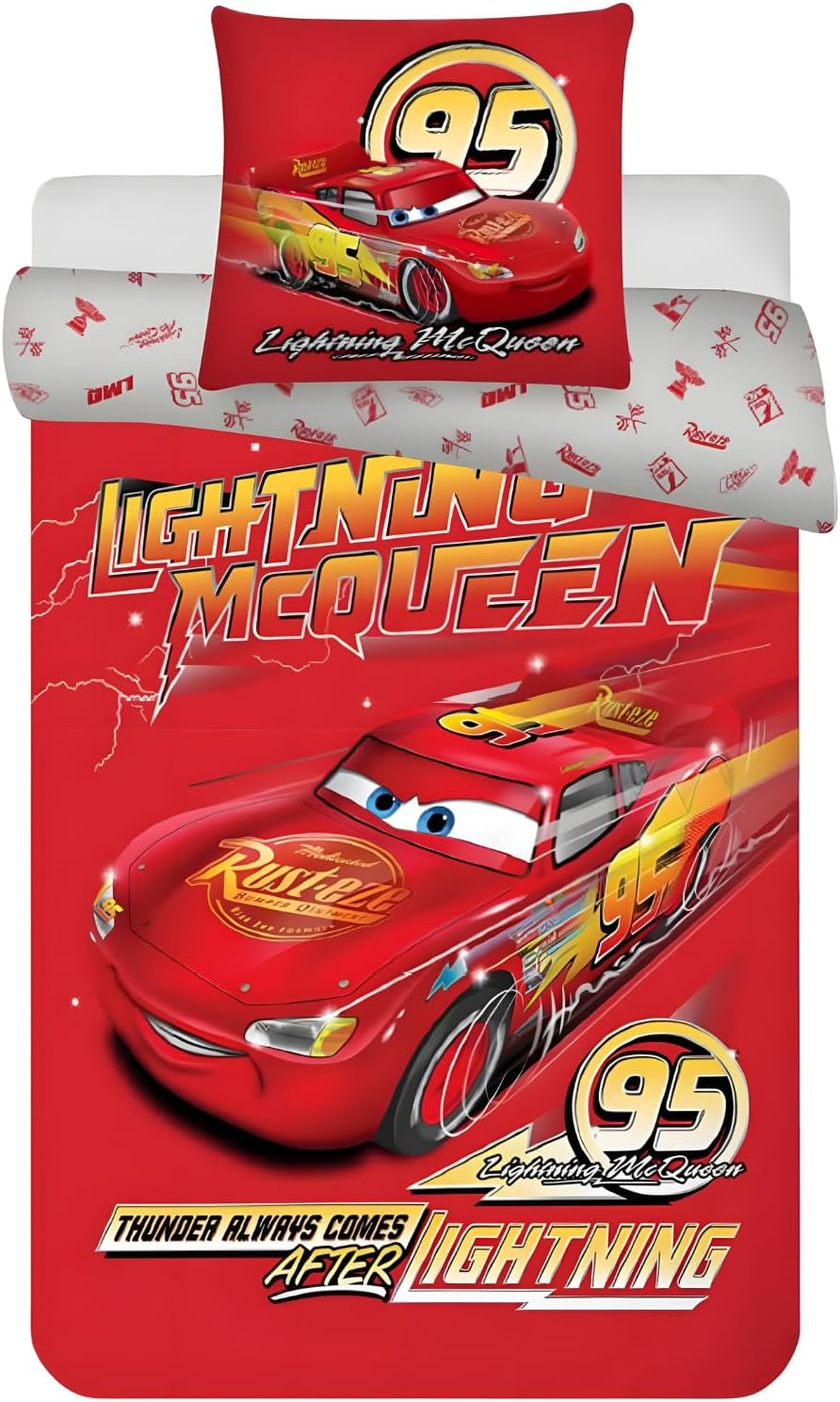 Disney Cars Junior Bed Linen Set, 100 X 135 Cm Duvet Cover & 40 X 60 Cm Pillowcase, 100% Cotton, Soft, Breathable Lightning Mcqueen Children'S Bedding Set for Toddlers