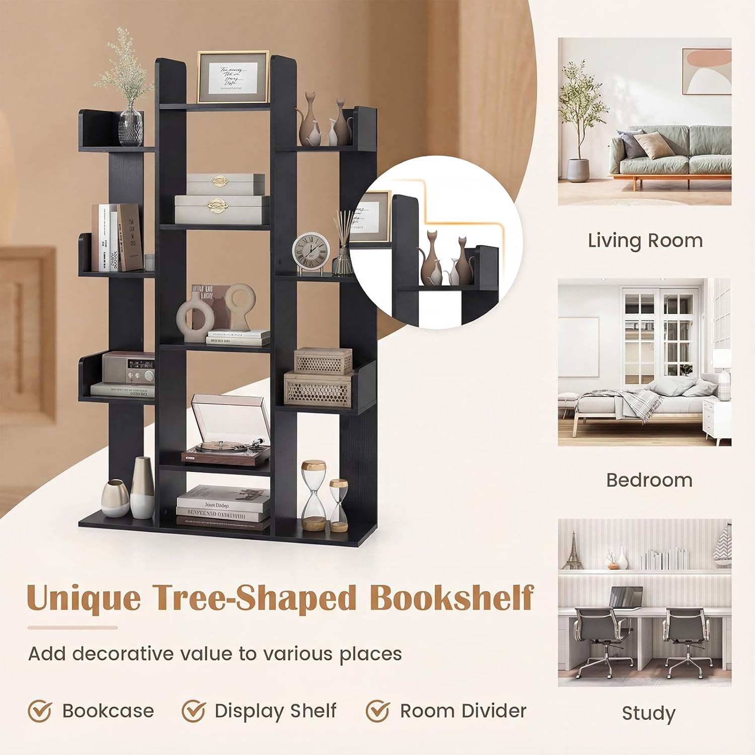 Giantex Tree Bookshelf, 141 Cm Tall Bookcase with 13 Open Shelves, Corner Books Storage Organizer, Freestanding Decorative Display Cube Shelf for Living Room, Study or Office - Black image number 5