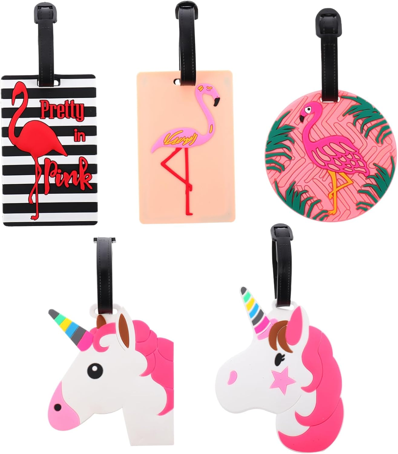 NAMOARLY 5Pcs Cartoon Flamingo Unicorn Luggage Tags Elastic Strap and Buckle Connector for Easy Identification image number 1