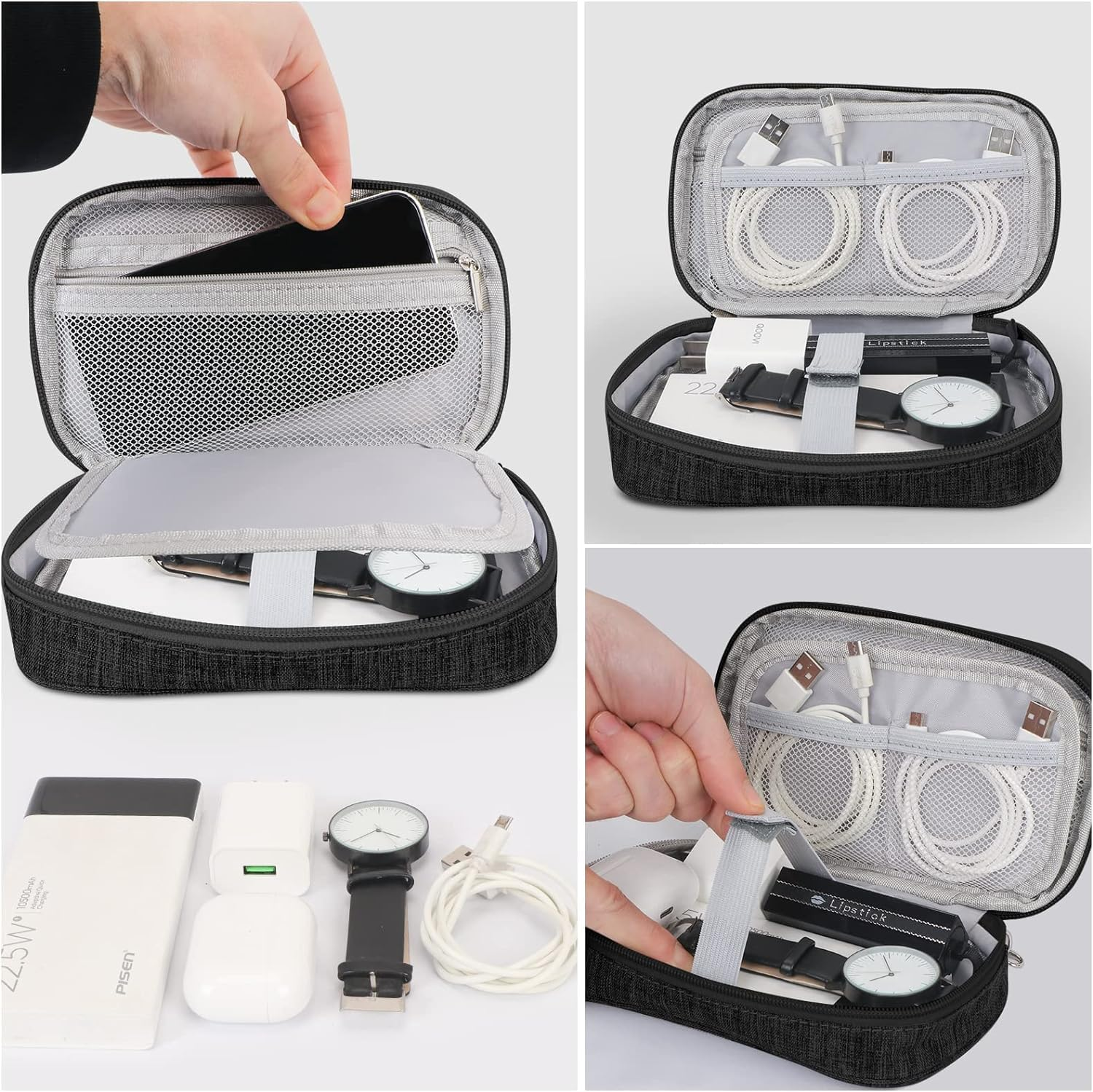 Electronic Organizer, 1 Pcs Small Cable Organizer Travel Case,All-In-One Electronics Accessories Cases for Cables, Chargers, Usb,Earphones, Portable Hard Drives, Power Banks,Black image number 1