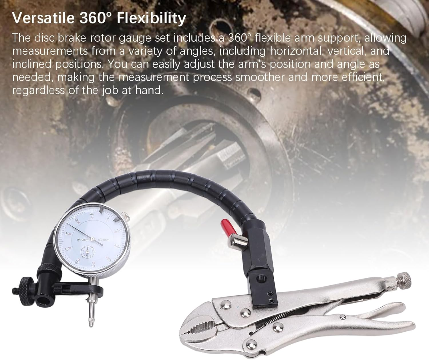 Disc Brake Rotor Gauge, Ball Joint Runout Set Dial Indicator 1 Inch / 0.001 Inch, Flexible Arm Clamp Locking Vise, Flatness Measurement Tool for Automotive, Mechanical, Industrial