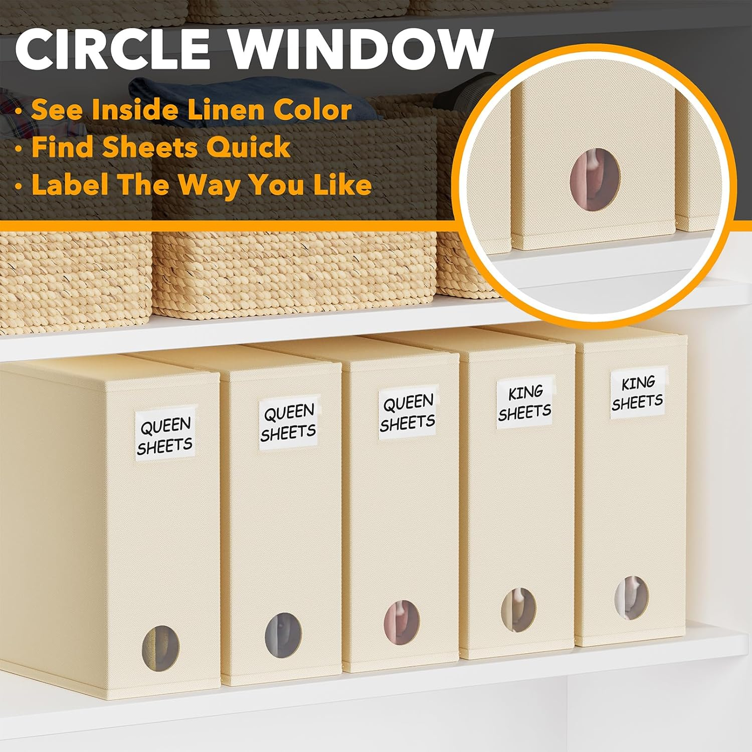 Spaceaid 5 Pack Bed Sheet Organizers and Storage, Foldable Sheet Organizer for Linen Closet, Sheets Set Folder Keeper with Window XL (Queen & King Size) Organizing Bedding Container, Beige image number 6