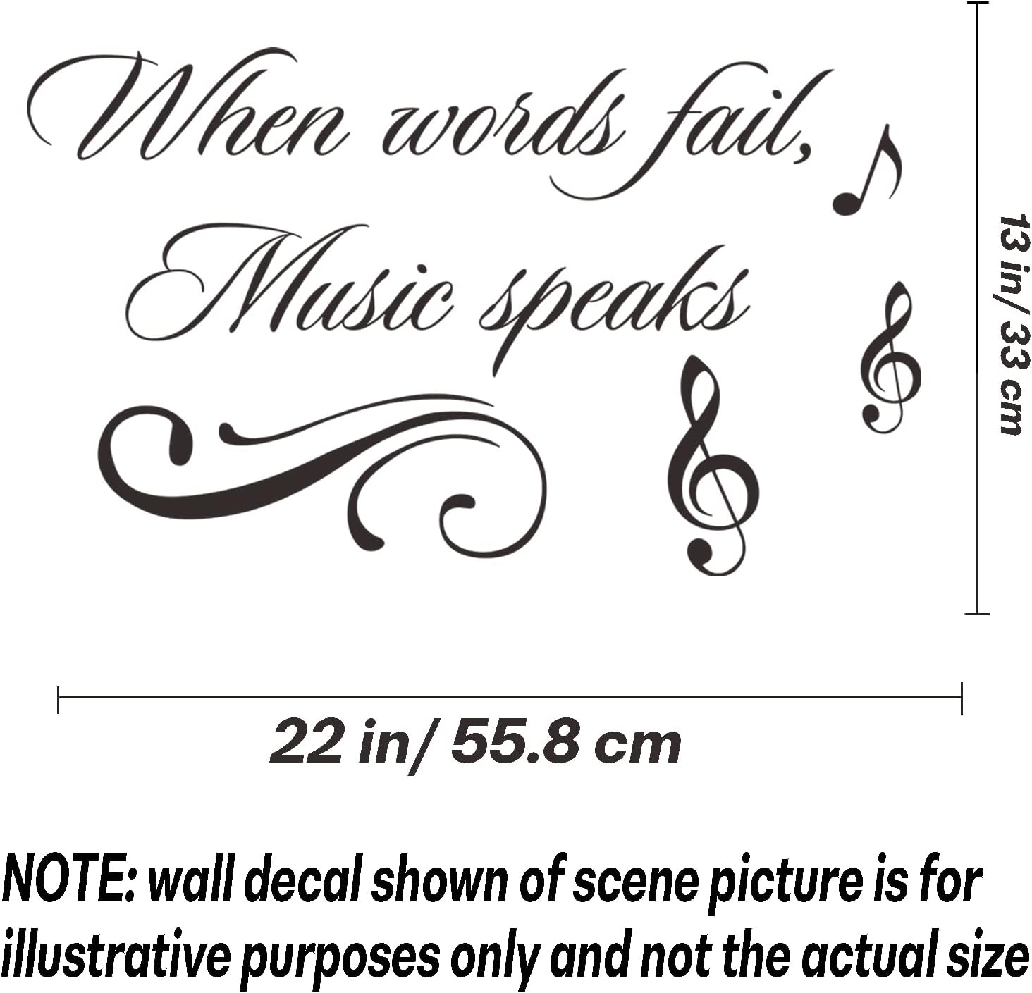 Music Wall Decals Decor Inspirational Quotes When Words Fail, Music Speaks Vinyl Wall Art Stickers Mural for Music Room Living Room Bedroom Decoration image number 6
