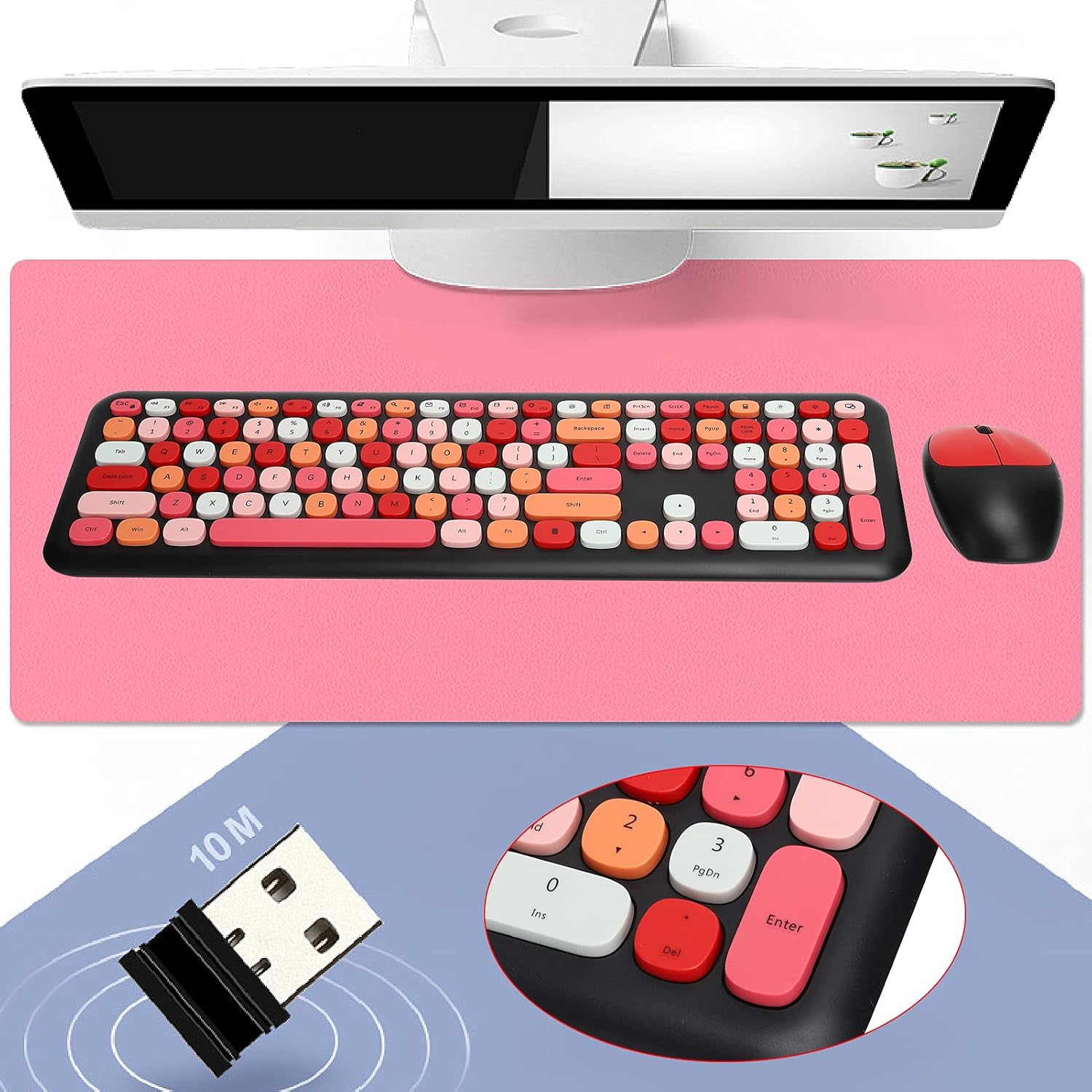 Wireless Keyboard and Mouse Combo, 2.4G Slim Full Size Colorful Keyboard Mouse Set, 110 Keys Cute round Retro Typewriter Keyboard for Computer, PC, Notebook, Laptop(Black) image number 3