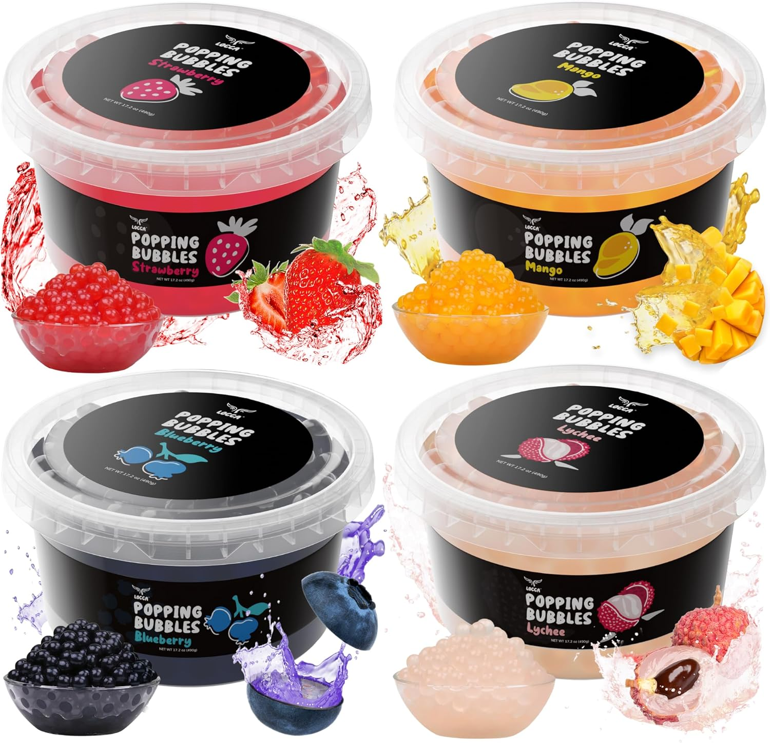 Locca - Bubble Tea Pearls - Popping Boba Pearls - Instant Tapioca Pearls for Bubble Tea Kit - 4 Pack - Mango -Blueberry | Blueberry - Lychee - Strawberry- 490G image number 1