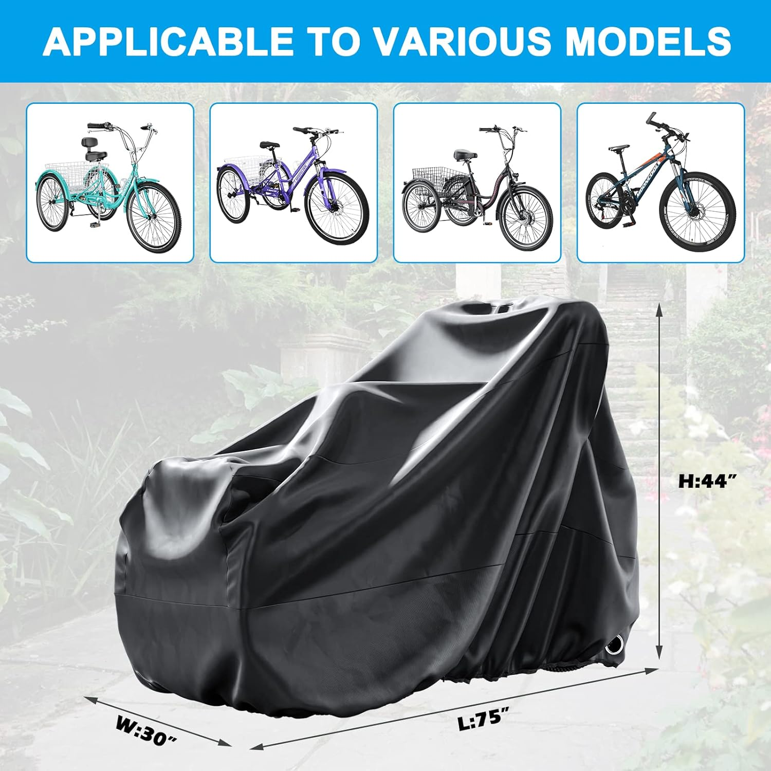 MOPHOTO Bike Cover Adult Tricycle Cover for Outdoor Bicycle Storage, Heavy Duty Ripstop Material, Waterproof & Anti-Uv - Black  Orange image number 3