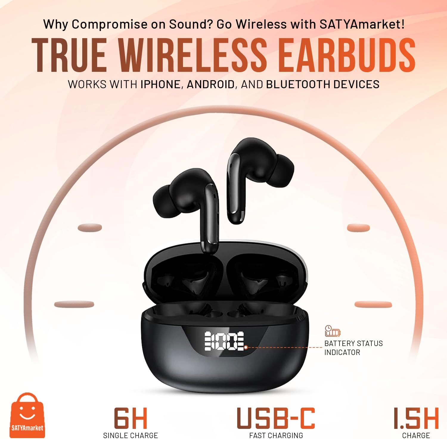 Satyamarket True Wireless Earbuds | TWS | Bluetooth V5.3 | Latest Hifi Stereo Model, Works with Iphone, Android, and Bluetooth Devices - Black image number 2