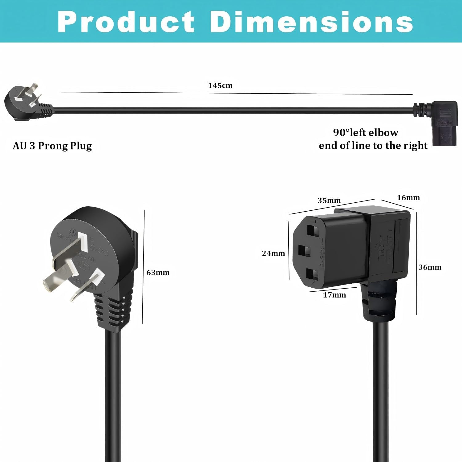 1.5M Australian Power Cord with 90 Degree Left Angle IEC 320 C13 Plug Connector - Pure Copper Material, Black 3 Point Kettle Power Cable 10A/250V image number 5