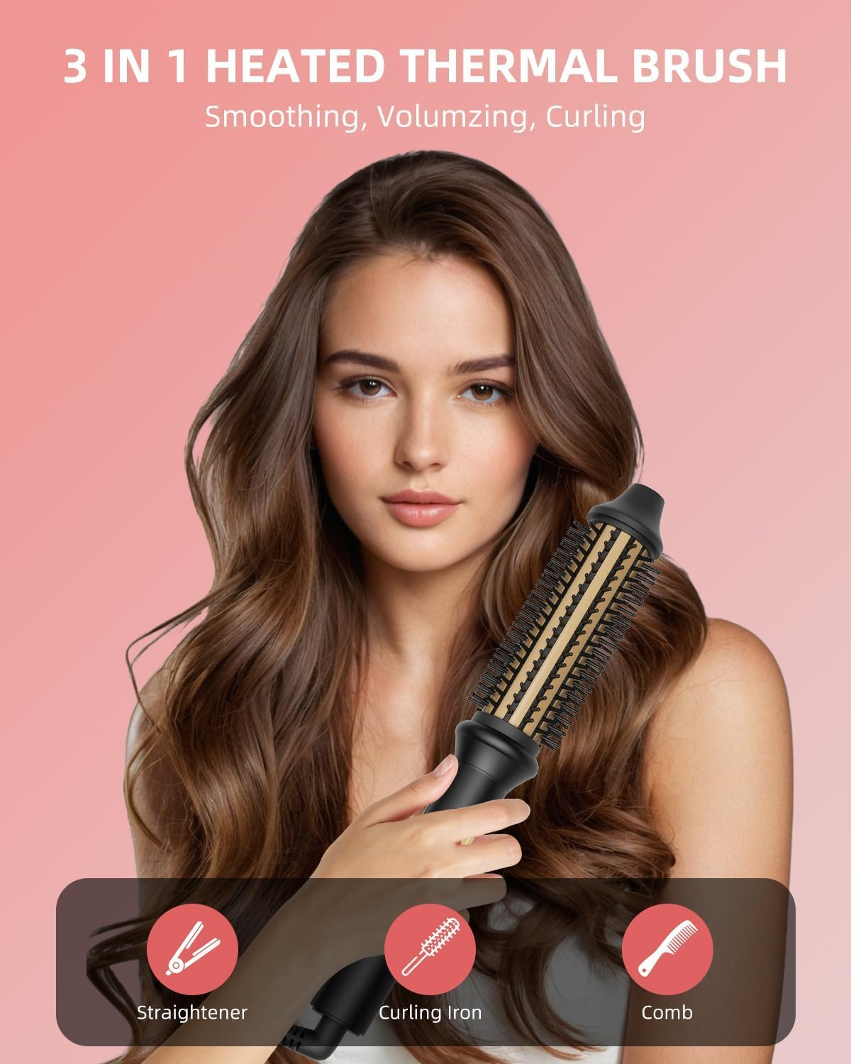 Thermal Brush, Curling Iron for Long Dry Hair, 110-220V Heated round Brush with 10 Temp Settings, 30S Fast Heat for Curling & Volumizing & Straightener, Anti-Scald Nylon Bristles，Au Plug image number 2