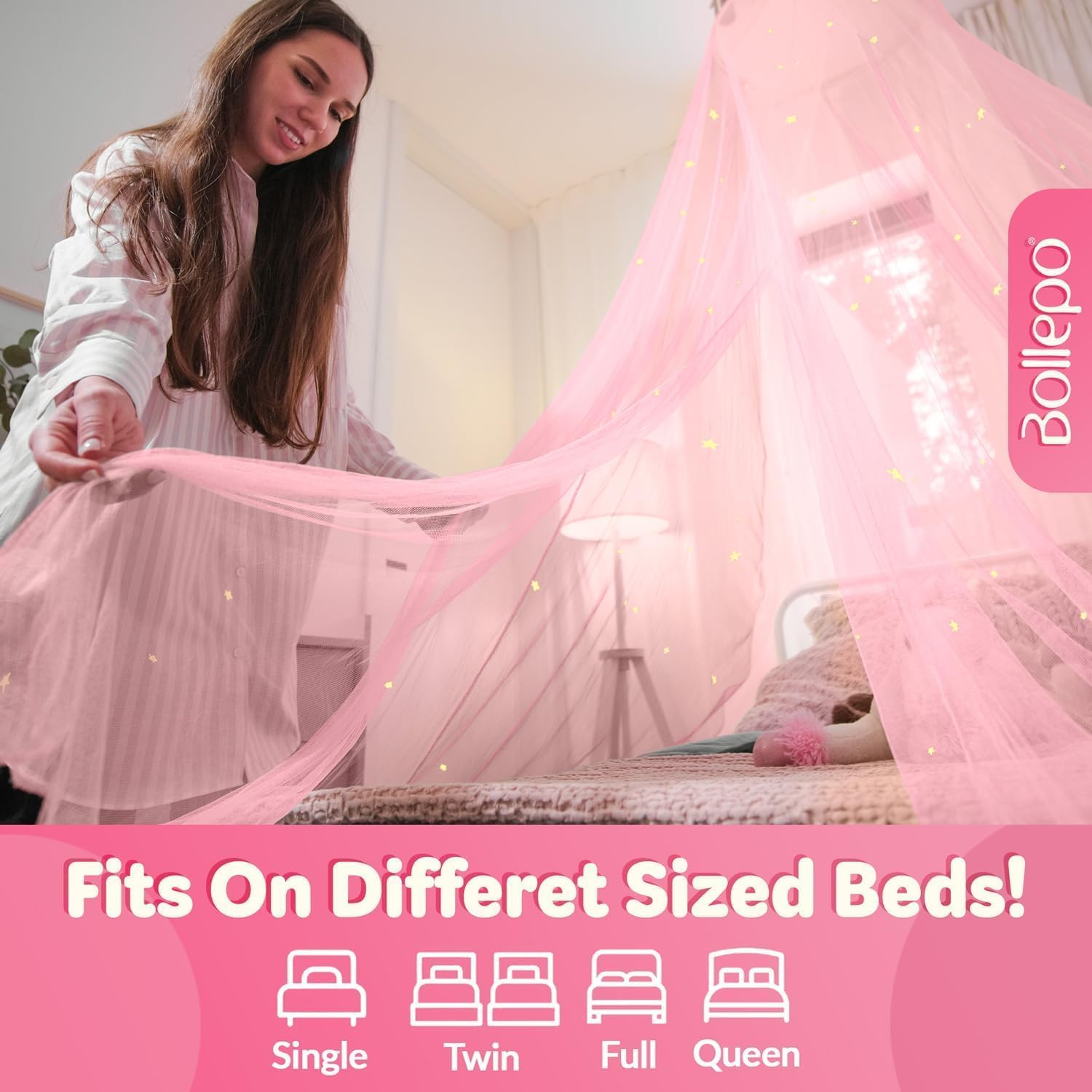 Bollepo Pink Bed Canopy for Girls with Glowing Stars - Canopy Bed Curtains | Fits Single, Twin, Full, Queen Size Kids Bed, Princess Netting Room Decor, Ceiling Tent to Cover Toddler, Canopy for Bed image number 2