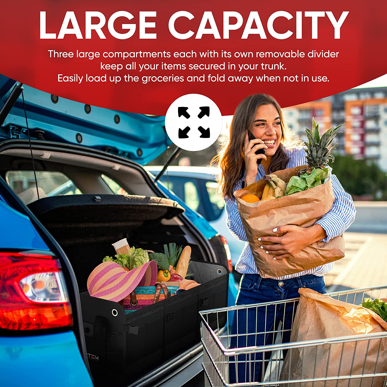 FORTEM Car Boot Organiser, Car Boot Tidy, Car Boot Storage, Collapsible Multi Compartment Car Organiser, Non Slip Bottom, Adjustable Securing Straps, Foldable Cover (3 Compartments, Black) image number 3