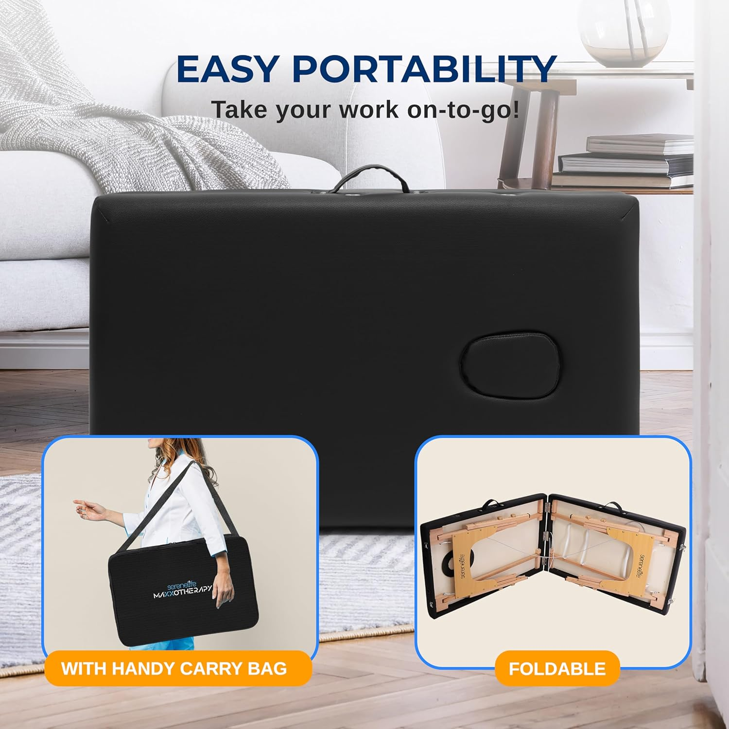 Serenelife Professional Portable Massage Bed Table with Carrying Bag, Black/Brown