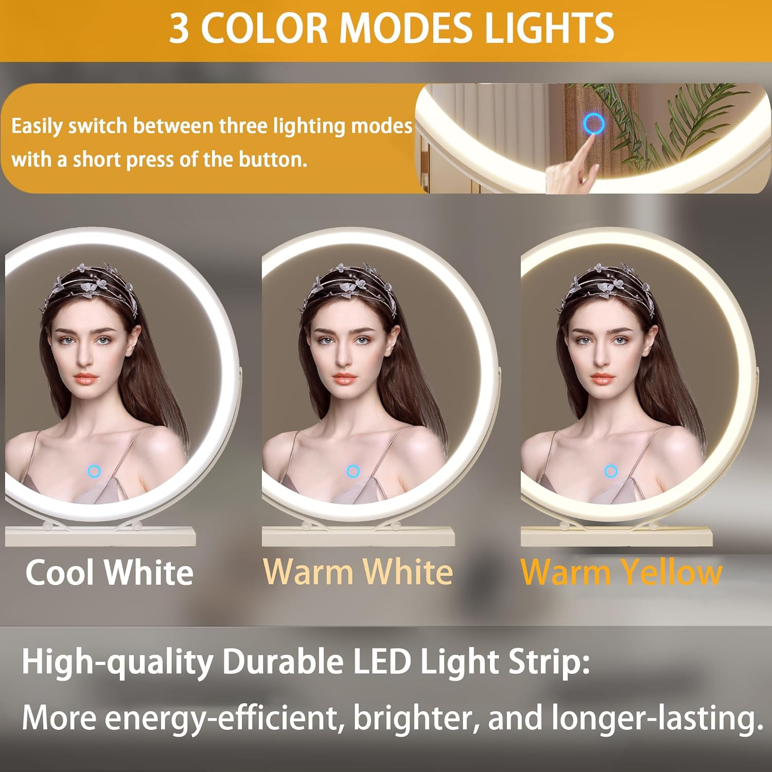 ZKIODV round Vanity Makeup Mirror with Light, 48 X 52 CM LED Lighted Mirror with Dimmable 3 Color Lights, Large Circle Desk Mirror, 360&deg; Light up Mirror for Dresser, Tabletop, Bedroom, White - Round Gold image number 2