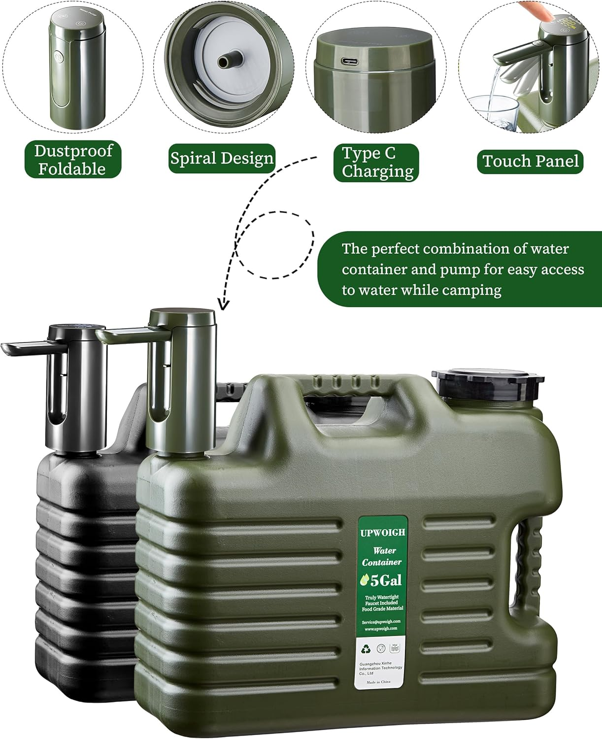 UPWOIGH Portable 19L Water Jug with Automatic Touch Control Pump,Truly No Leakage Water Container with Spigot,Type-C Rechargeable Military Green Water Pump Gear for Outdoors Camping Hiking image number 4