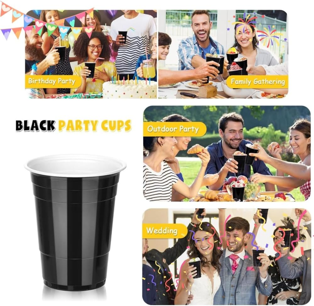16Oz Black Party Cups,30Pcs Repeatable Cups for New Year, Christmas, Camping, Wedding,Birthday Party Supplies Holiday Celebration Wine Bbeer Drinks image number 5