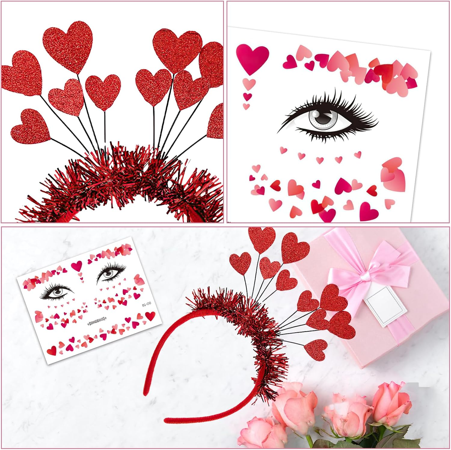 Heart Headband Glitter Headband with Heart + Heart Face Sticker, Heart Headband Red, Heart Face Sticker Face Tattoos, Red Hearts Headband Children Girls for Valentine'S Day Carnival Halloween
