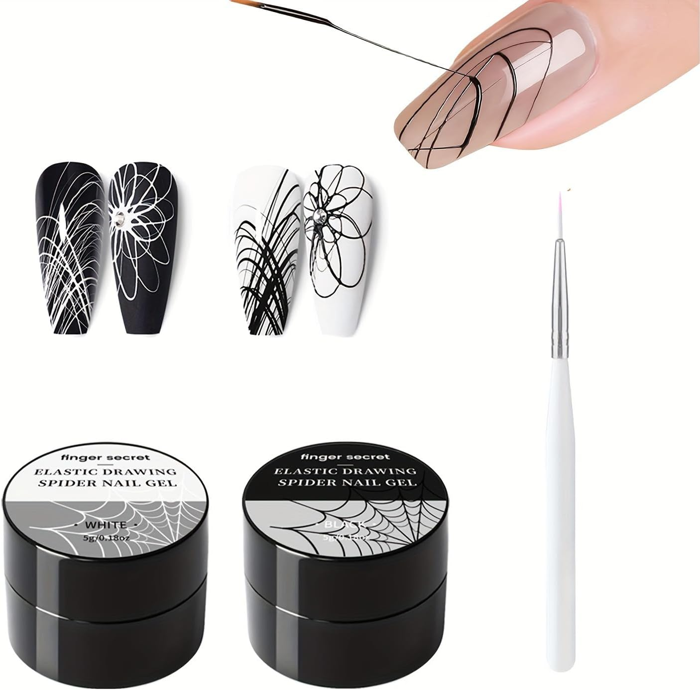 Finger Secret Spider Nail Gel 5G/0.18Oz,2Colors Nail Spider Gel,Spider Web Gel Nail Art,Spider Gel Drawing Gel Nail Polish Set Nail Art Wire Drawing Gel for Line with Nail Art Brushes (White Black) - 6Colors image number 4