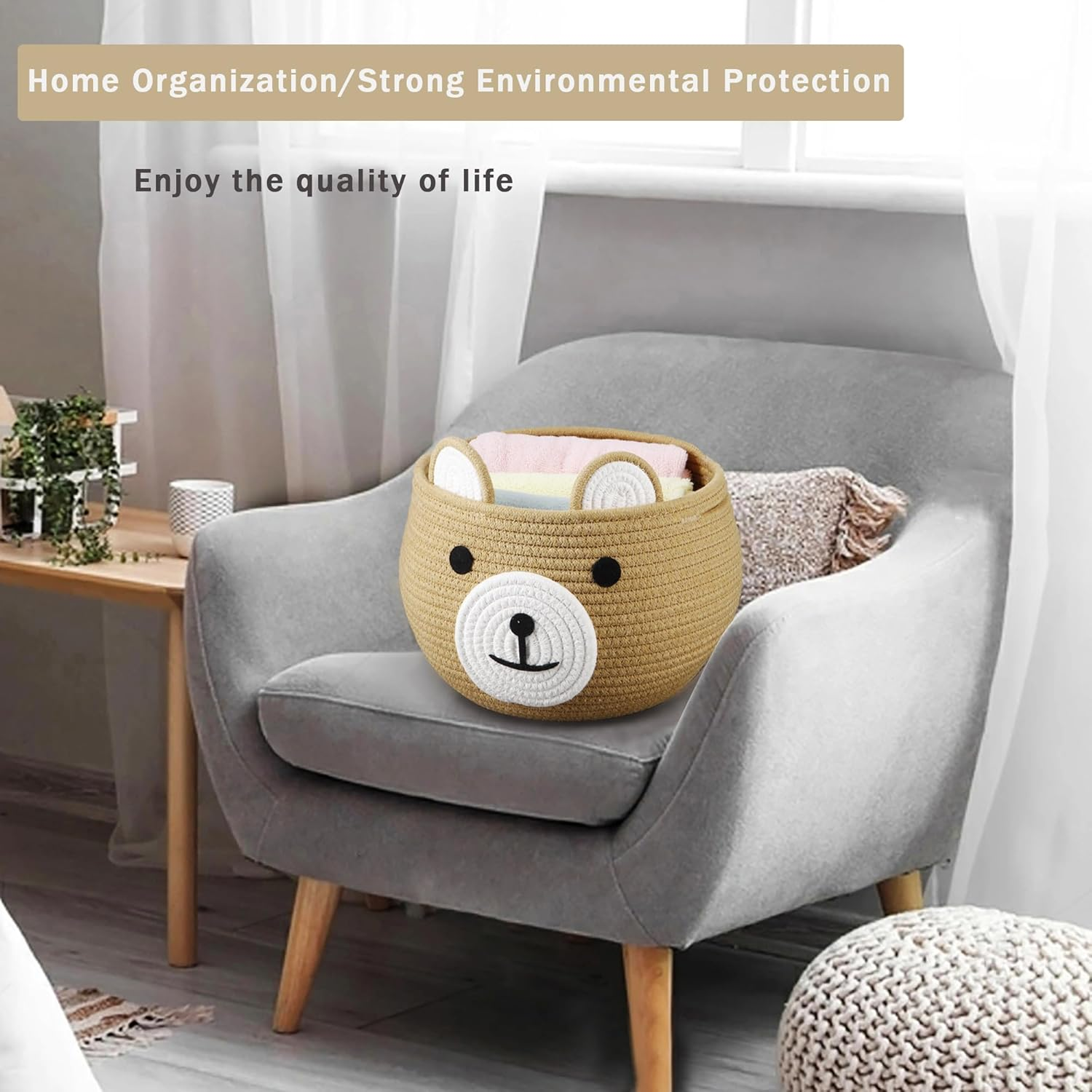 Pandaear Cotton Rope Baby Basket, Baby Gift Basket Nursery Laundry Organizer with Cute Bear Design for Storage Infant Newborn Essentials, Diaper Caddy Basket with Handle image number 1