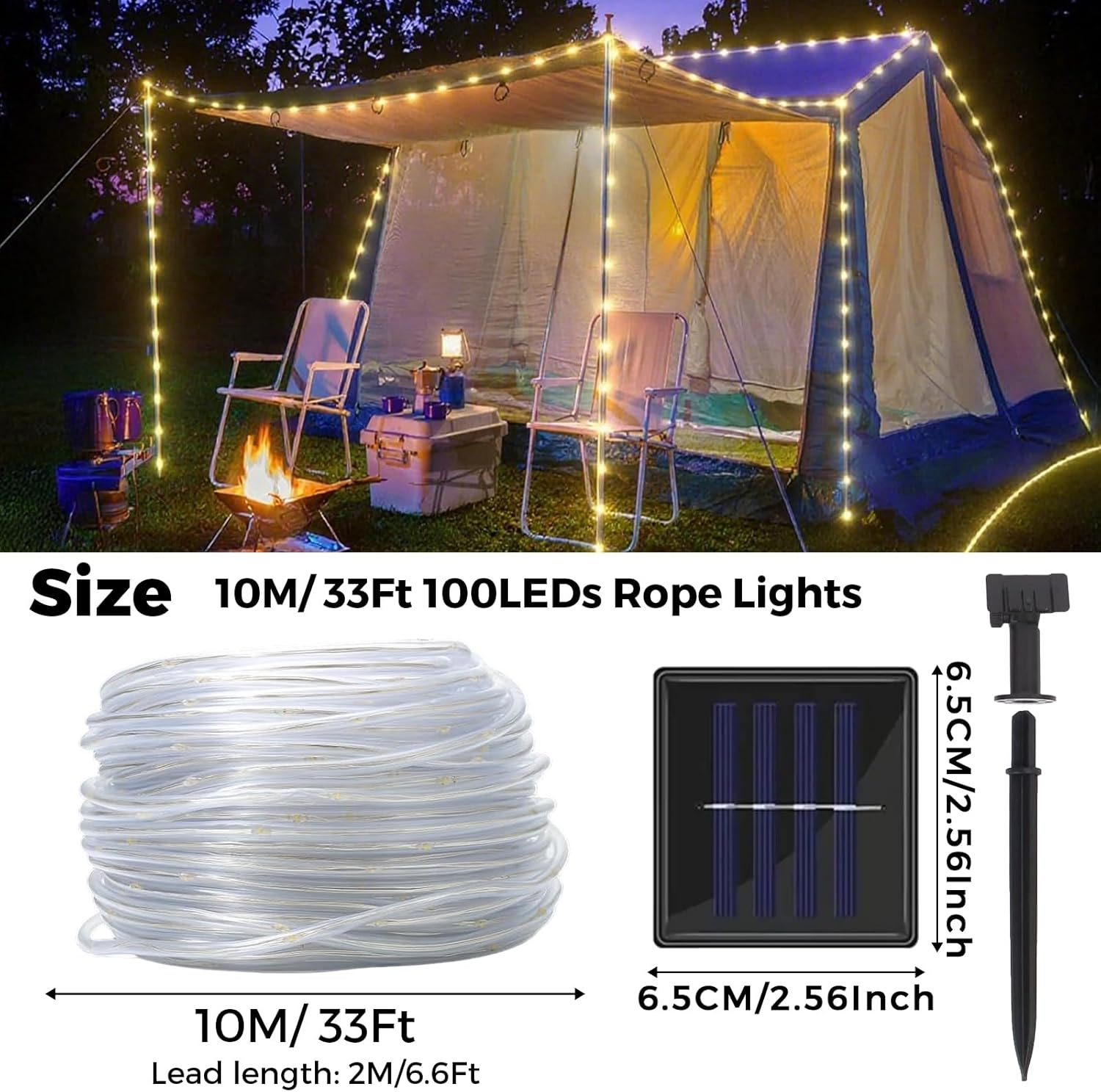 Aofonchy Solar LED Rope Lights Outdoor, 33Ft 100 Leds Waterproof Tube String Lights with 8 Lighting Modes Solar Powered Fairy Lights for Christmas Wedding Tree Patio Lawn Garden Party Decor - Multicolor image number 2