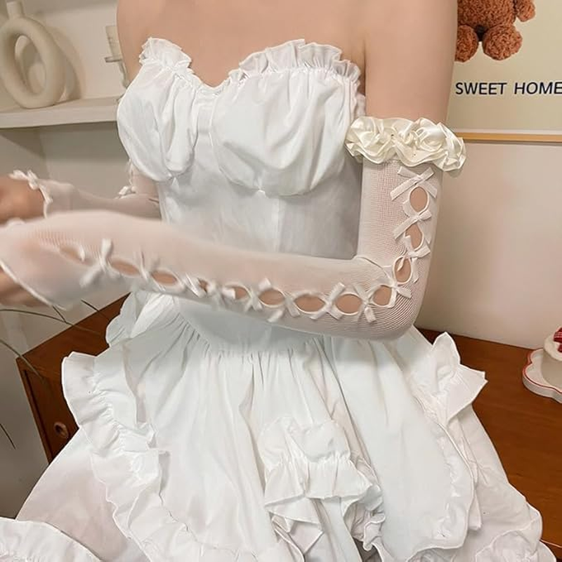 Mesh Ruffles Lace Fingerless Gloves Gothic Long Stretchy Bow Mesh Tulle Sheer Bridal Prom Princess Wrist Arm Sleeves for Women Halloween Cosplay Party Dress Accessories image number 1
