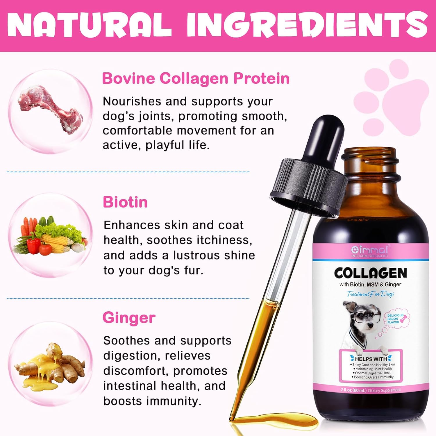 Collagen for Dogs, Liquid Collagen for Dog, Skin & Coat Supplement for Dogs, Bacon Flavor, with Biotin, MSM & Ginger, 2 Fl.Oz image number 1