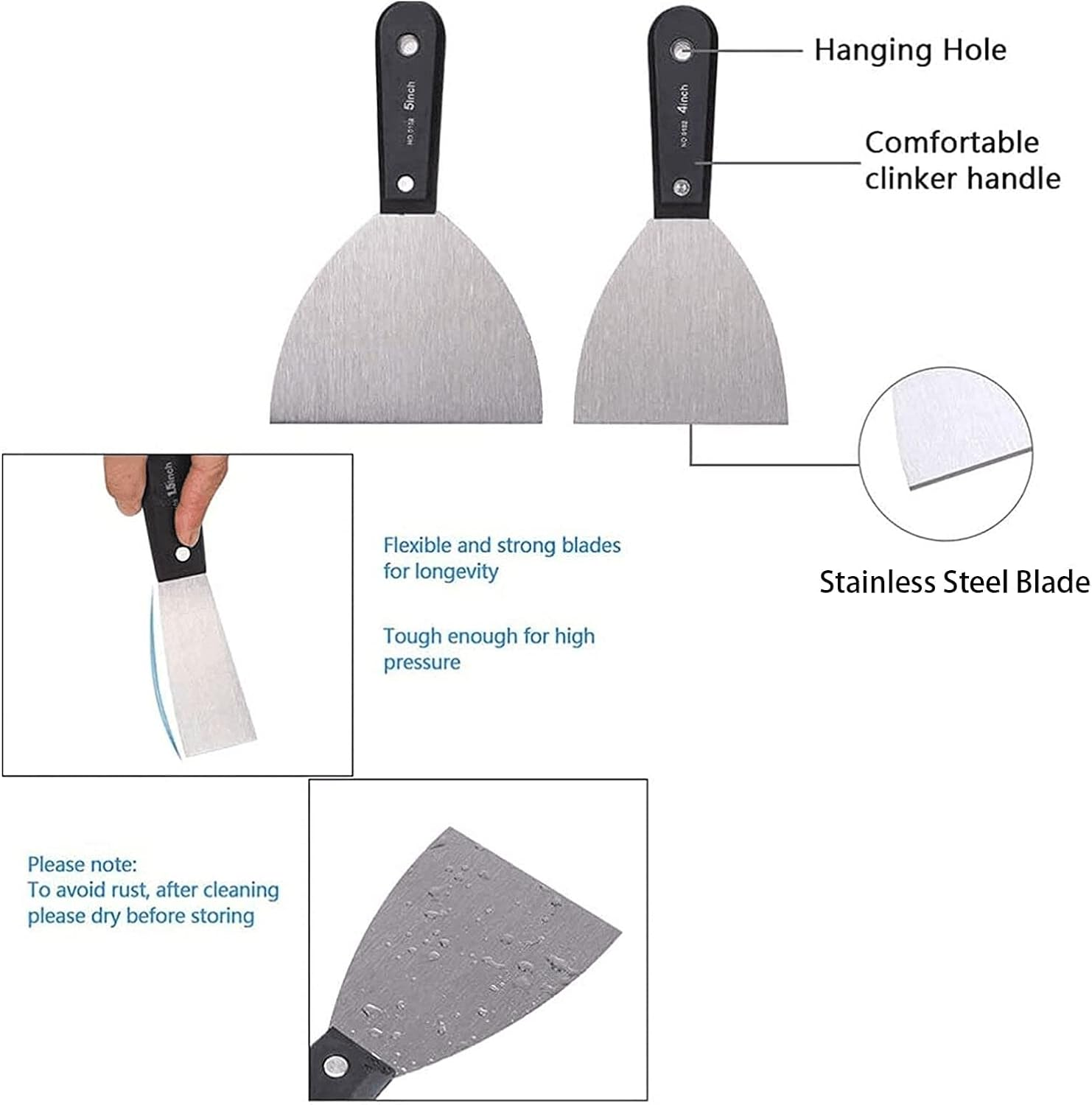 7 PCS Drywall Paint Scraper Tool Set with Storage Bag, Multi-Size Stainless Steel Putty Knives (1, 1.5, 2, 2.5, 3, 4, 5 Inch) for Spackling, Wallpaper Removal, Plaster Scraping & Mud Application